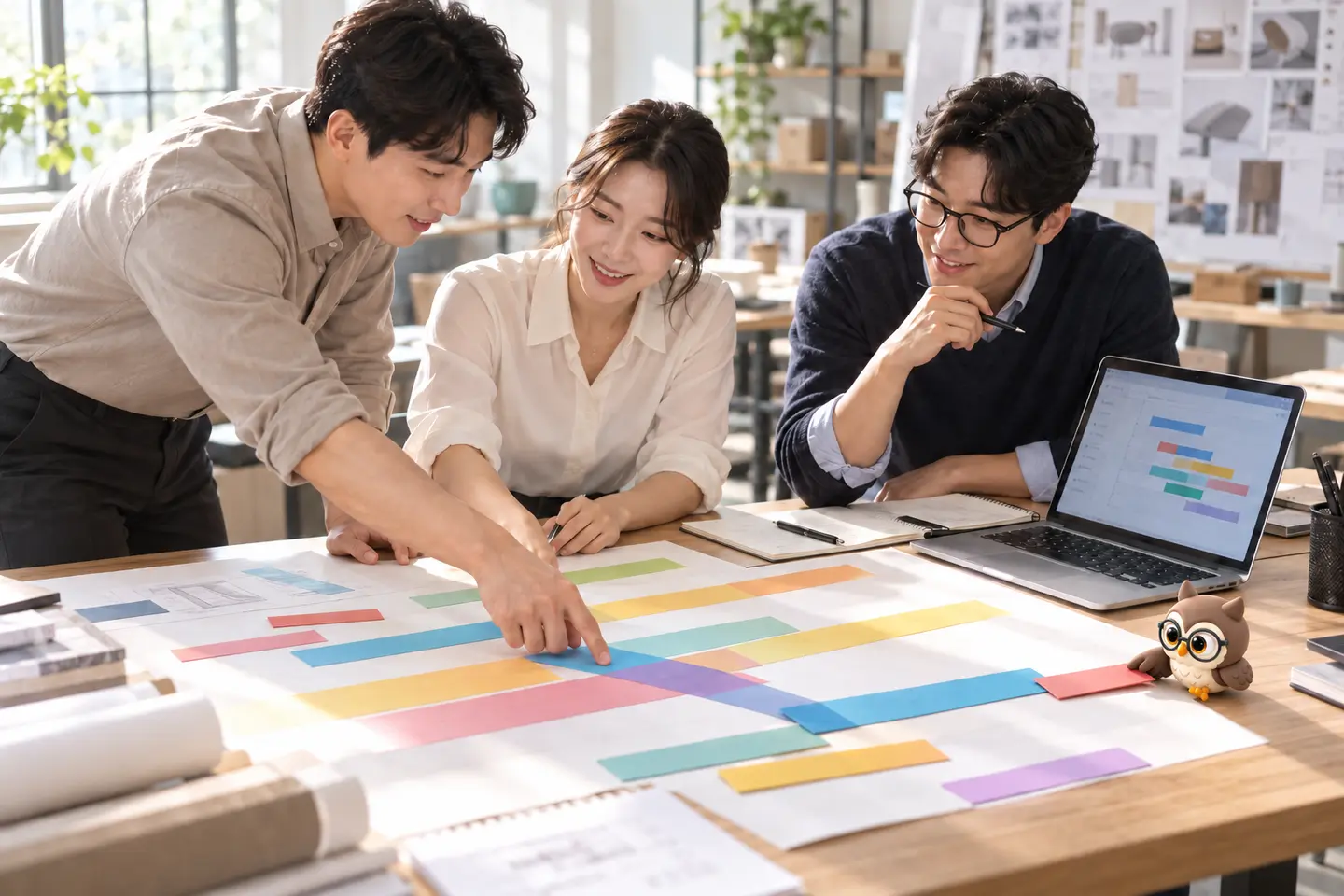 디자인 스튜디오에서 성인 기획자 세 명이 겹친 시간 띠를 배치하고 작은 공식 갈색 안경 올빼미가 테이블 끝에서 빨간 띠를 파란 띠와 겹치는 장면