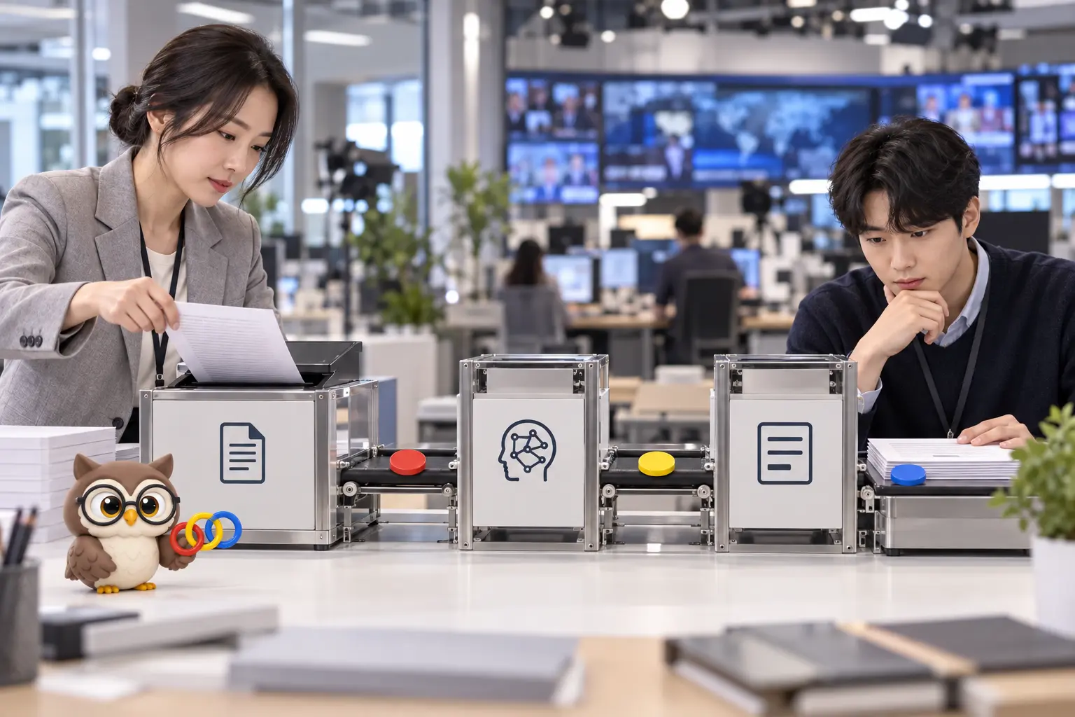 디지털 뉴스룸에서 품질 담당자 두 명이 세 단계 문서 처리 장치를 점검하고 LTCT 안경 올빼미가 연결 고리를 든 장면