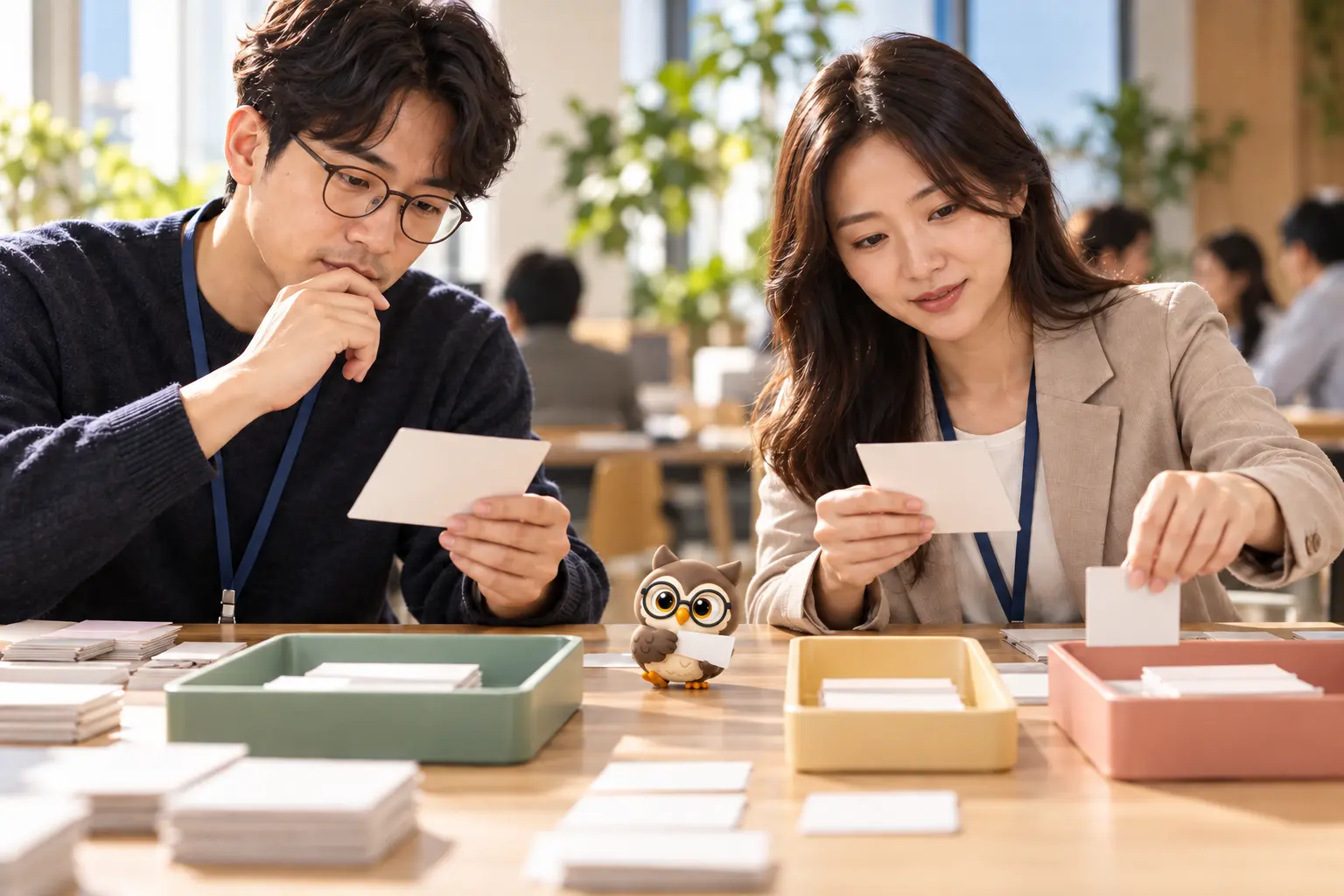 워크숍에서 교사와 개발자가 정책 변경 전후 오류 표를 비교하고 작은 갈색 안경 LTCT 올빼미가 곁에서 시험 카드를 기록하는 장면