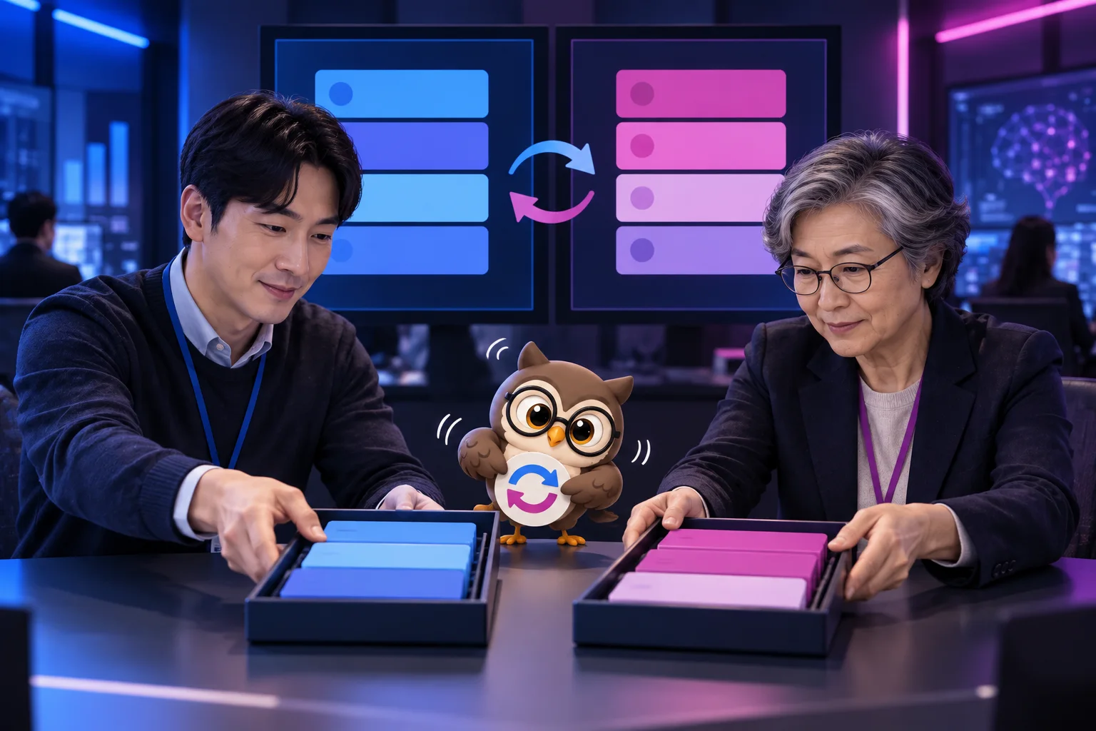 인공지능 평가 통제실에서 남녀 평가자가 파란색과 자주색 답변 카드를 교환하고 LTCT 올빼미가 순환 표식을 드는 장면