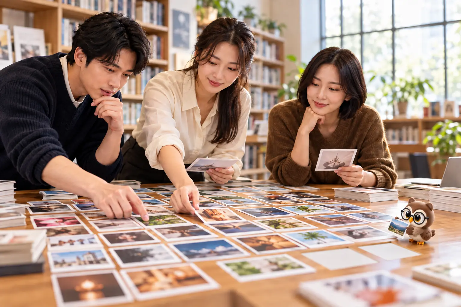 도서관 기획실에서 성인 세 명이 많은 후보 사진을 순위별로 고르고 작은 공식 갈색 안경 올빼미가 곁에서 다른 범주의 카드를 옮기는 장면
