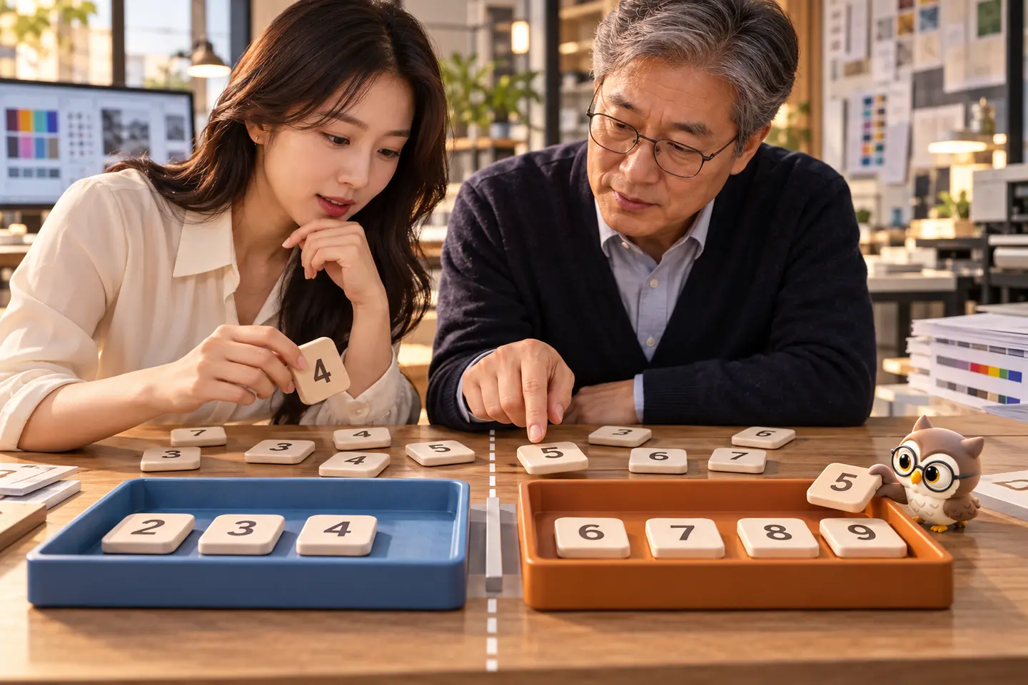 인쇄 품질 스튜디오에서 성인 분석가와 교사가 경계 숫자 타일을 두 정책 상자로 나누고 작은 공식 갈색 안경 올빼미가 숫자 타일을 옮기는 장면