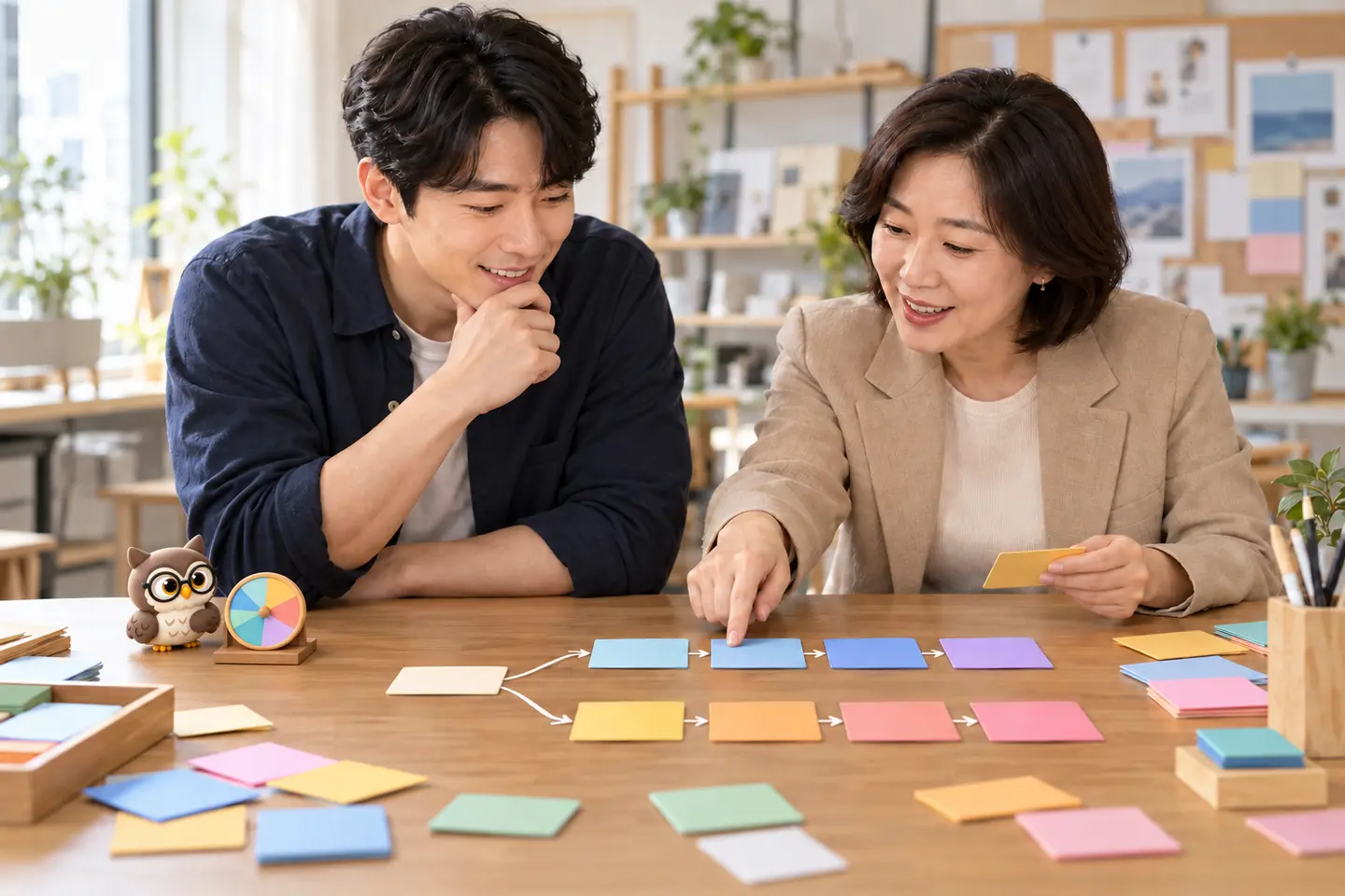 밝은 작업실에서 성인 두 명이 여러 갈래의 답 후보 카드를 비교하고 작은 공식 갈색 안경 올빼미가 선택 바퀴를 돌리는 장면