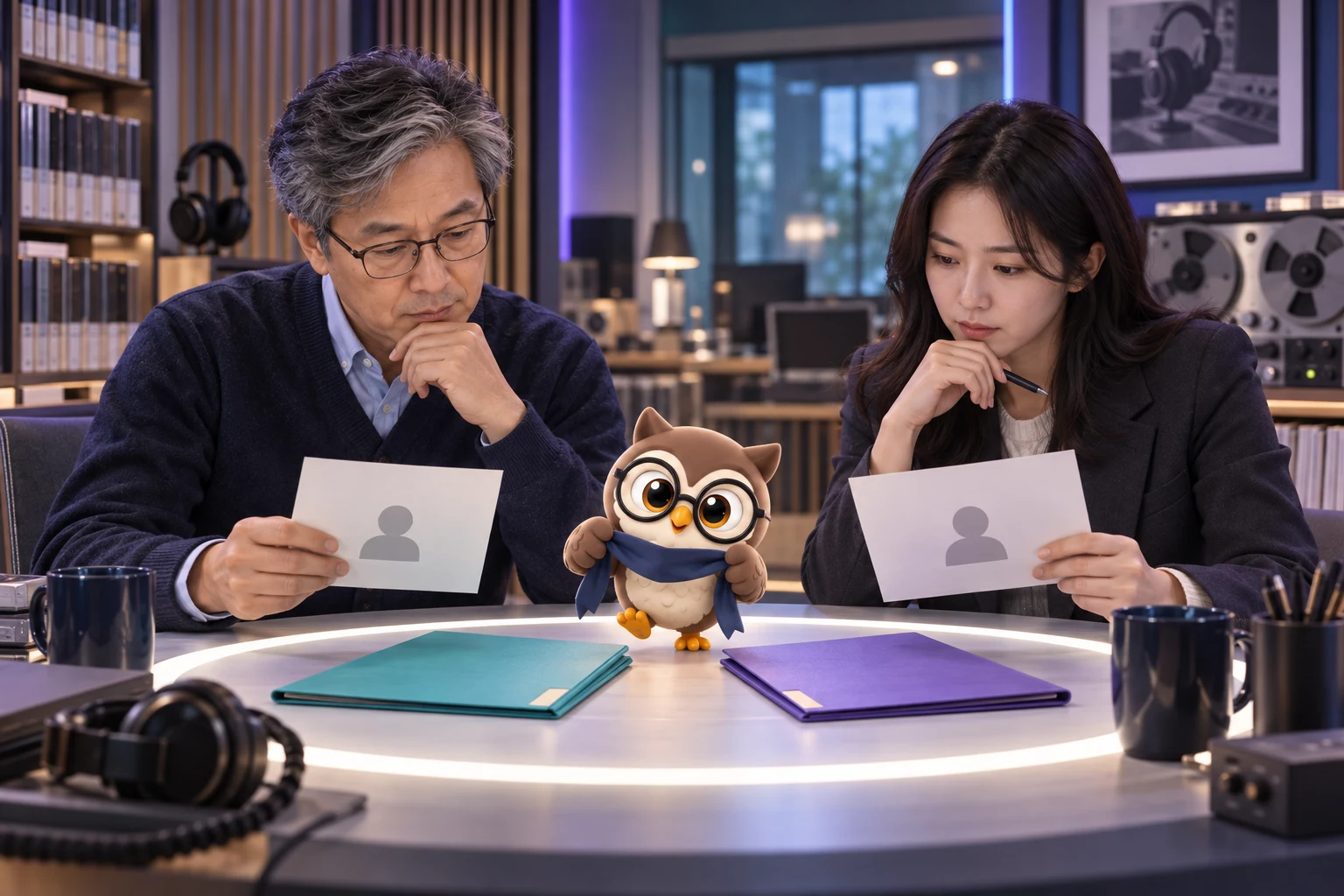 현대적인 라디오 기록 보관실에서 남성 음향 기록가와 여성 평가 책임자가 익명 답안 두 장을 비교하고 둥근 안경의 LTCT 올빼미 캐릭터가 청록·보라 파일 사이에서 눈가리개 끈을 들고 뛰는 장면