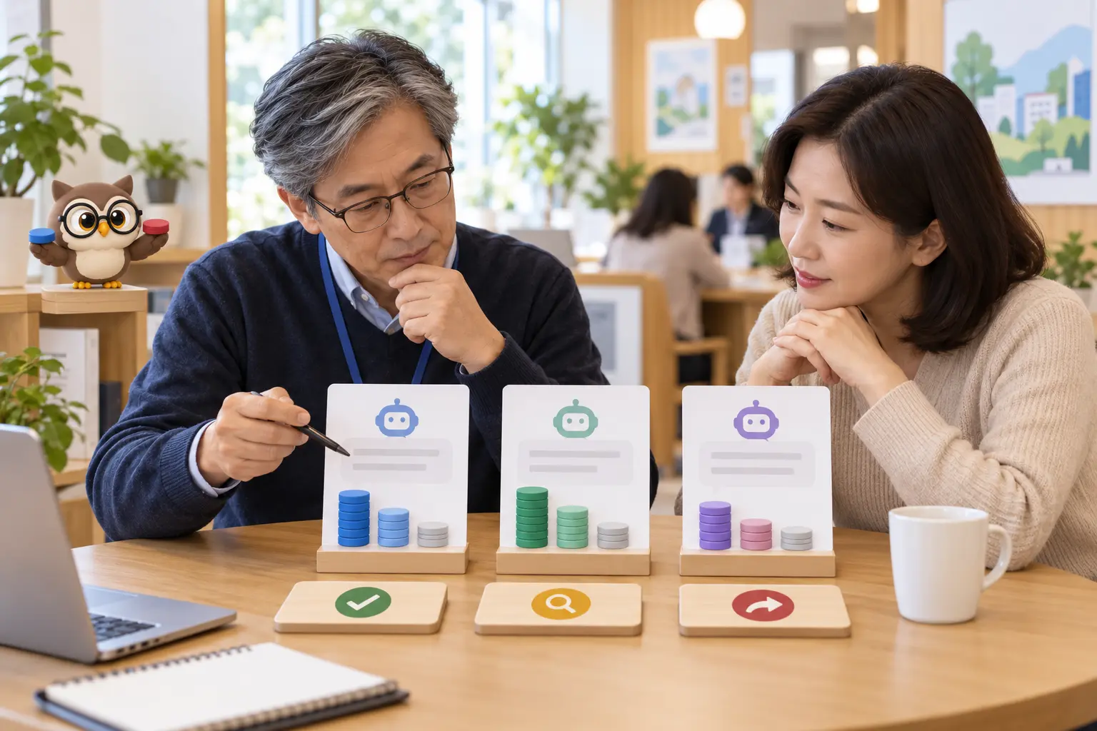 공공 상담실에서 성인 두 명이 세 AI 답 카드와 색 토큰을 비교하고 LTCT 올빼미가 두 토큰을 든 장면