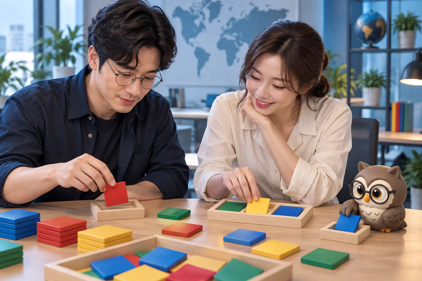 다국어 제작실에서 성인 개발자와 교사가 무문자 색상 블록을 바이트 쟁반에 나누고 작은 공식 갈색 안경 올빼미가 파란 블록을 좁은 쟁반에 넣는 장면