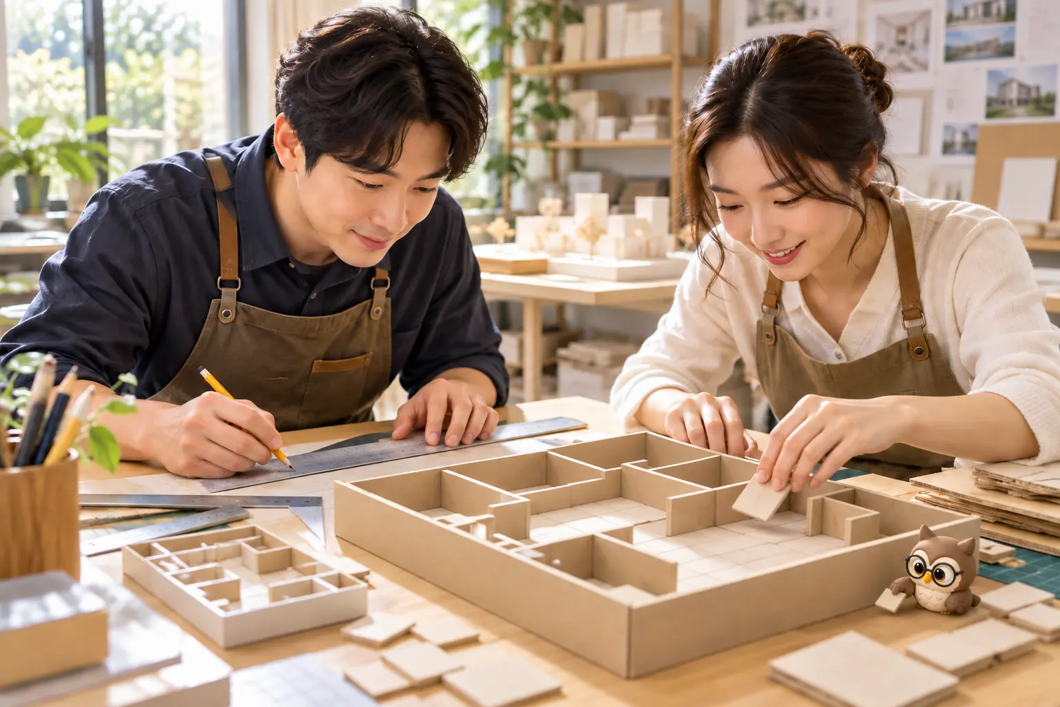 건축 모형 작업실에서 성인 두 명이 확대 도면과 모형을 측정하고 작은 공식 갈색 안경 올빼미가 모형 옆에서 작은 타일을 옮기는 장면