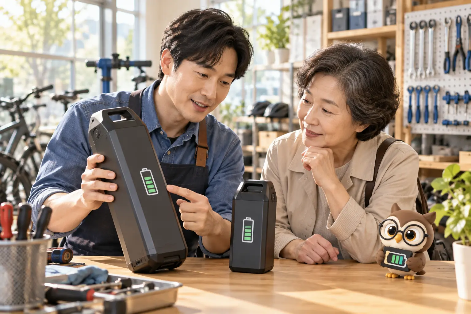 자전거 정비 작업장에서 기술자와 성인 고객이 크기가 다른 배터리 두 개의 같은 충전 표시를 비교하고 LTCT 안경 올빼미가 참여한 장면