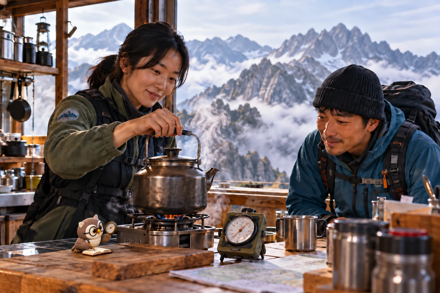 높은 산의 취사실에서 성인 두 명이 끓는 주전자와 고도계를 살피고 작은 갈색 안경 올빼미가 계기판을 들고 작은 공책에 기록하는 장면