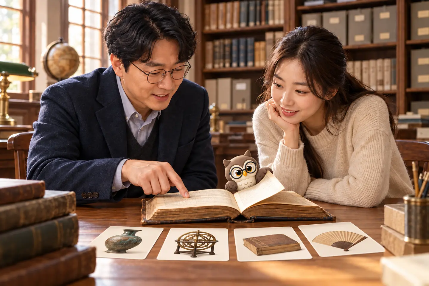 역사 자료실에서 성인 연구자 두 명이 오래된 논리책과 사물 카드를 살피고 작은 공식 갈색 안경 올빼미가 책장을 넘기는 장면