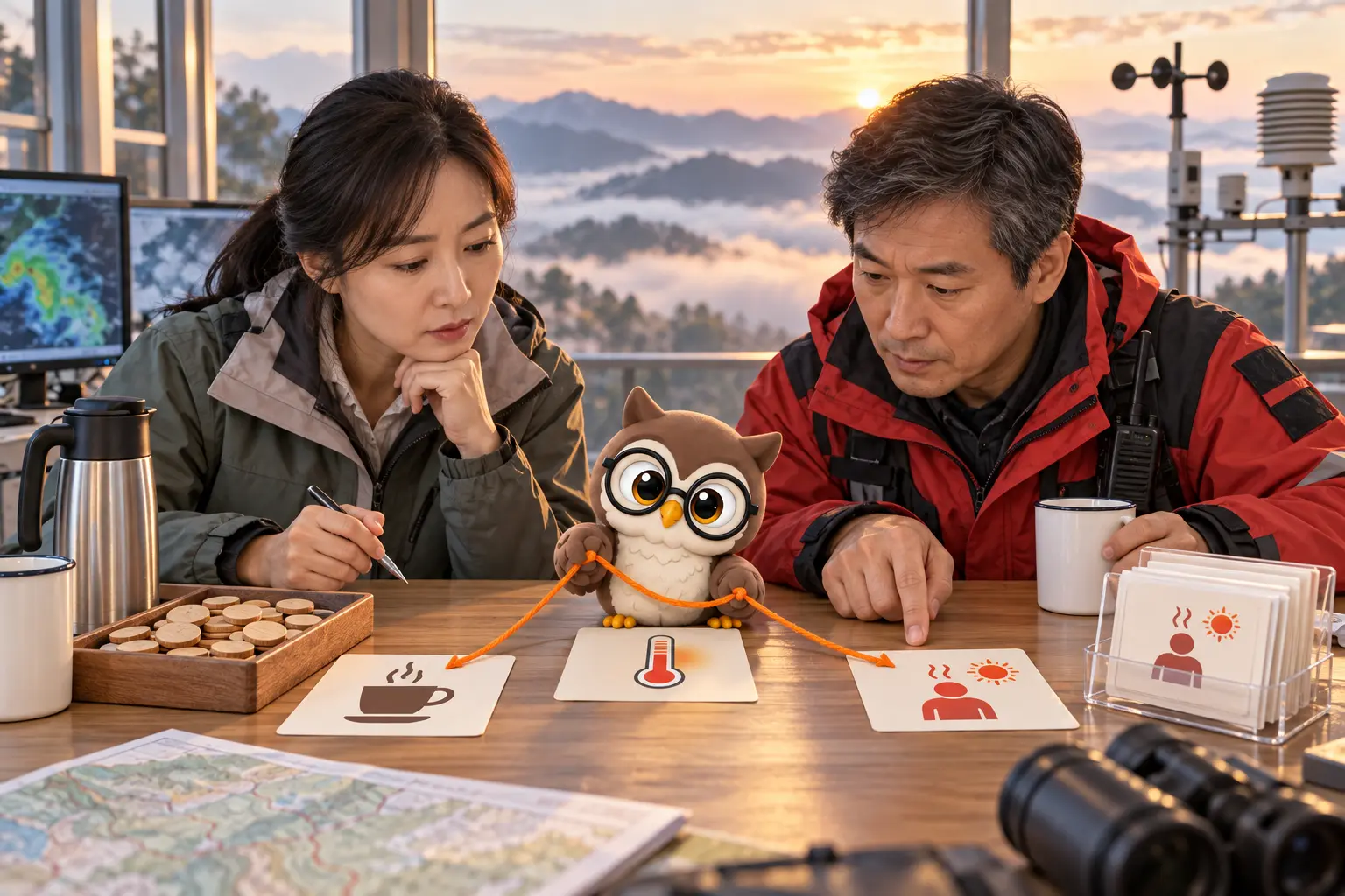 산악 구조 기상 관측소에서 두 성인이 기온과 신고 카드를 대조하고 둥근 안경을 쓴 LTCT 올빼미 캐릭터가 주황 실을 두 결과 카드로 나누는 장면