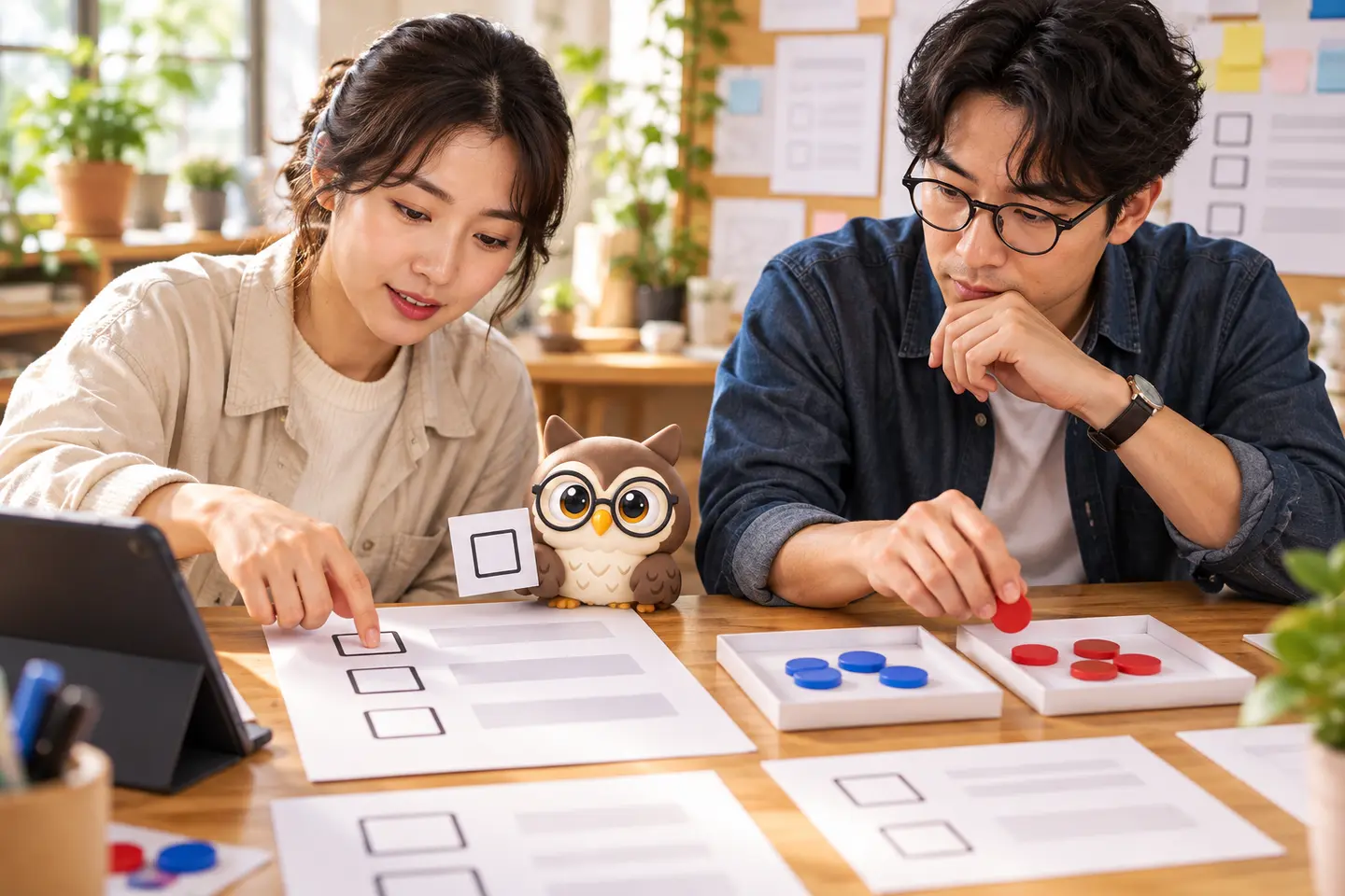 공공 서비스 설계실에서 성인 연구자 두 명이 체크박스 종이 시안과 두 전송 상자의 색 토큰을 비교하고 작은 공식 갈색 안경 올빼미가 빈 네모 카드를 든 장면