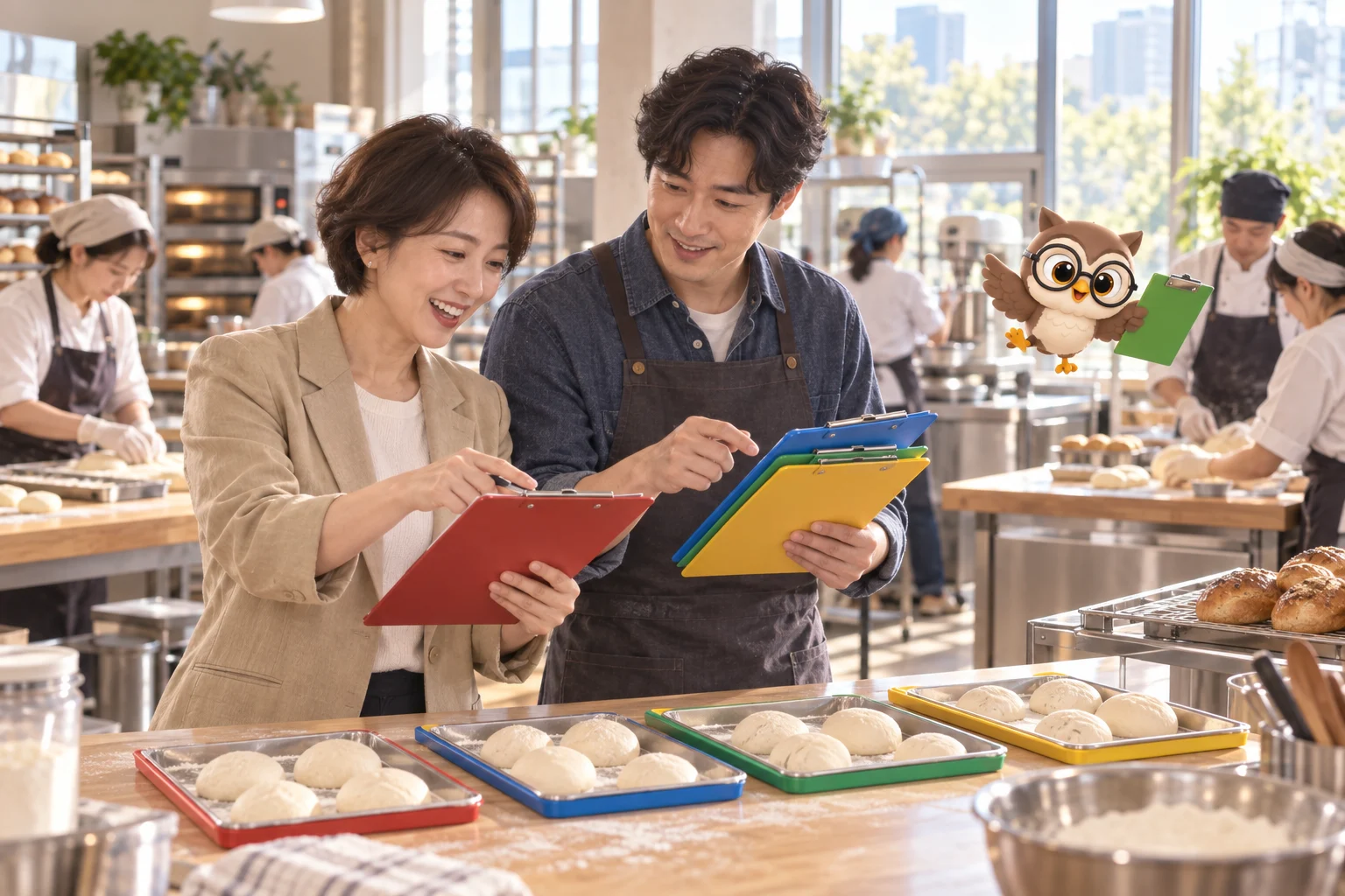 협동 제빵 훈련실에서 성인 교육 연구자 두 명이 네 작업 모둠의 색상 클립보드를 비교하고 둥근 안경의 LTCT 올빼미 캐릭터가 초록 클립보드를 들고 날아가는 장면