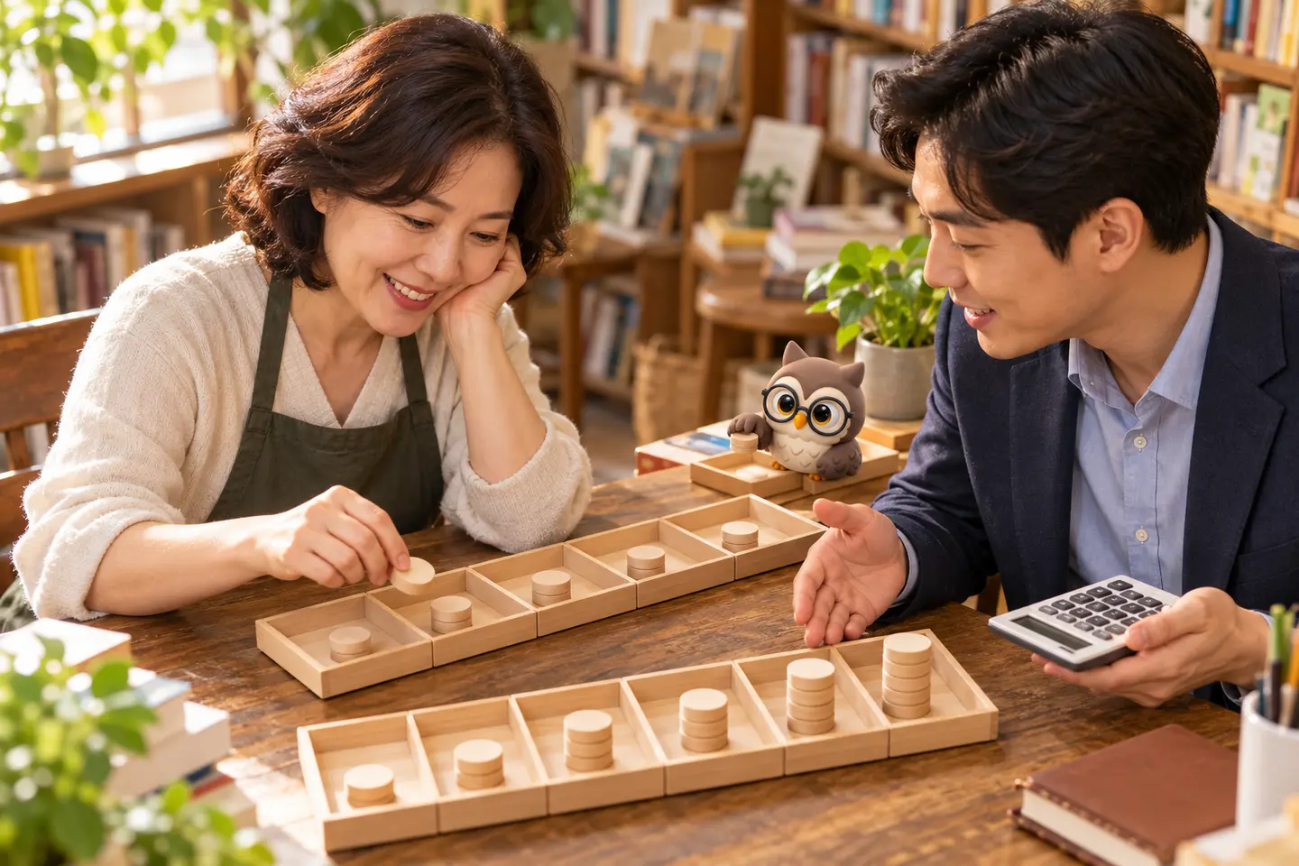 독립 서점에서 성인 운영자와 금융 교육자가 연도별 나무 토큰을 비교하고 작은 공식 갈색 안경 올빼미가 다음 칸에 토큰을 놓는 장면
