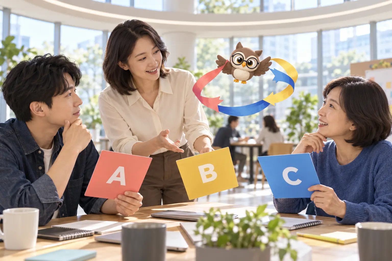 햇빛 드는 원형 시민 디자인 회의실에서 한국인 성인 세 명이 A, B, C 제안 카드를 비교하고 둥근 안경의 LTCT 올빼미 캐릭터가 세 색의 순환 리본 사이로 날아가는 장면