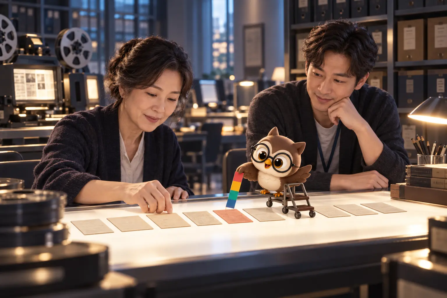신문 마이크로필름 보관실에서 성인 기록 담당자와 AI 평가자가 아홉 문서 카드를 배열하고 둥근 안경을 쓴 LTCT 올빼미 캐릭터가 작은 이동식 사다리 위에서 가운데 근거를 가리키는 장면