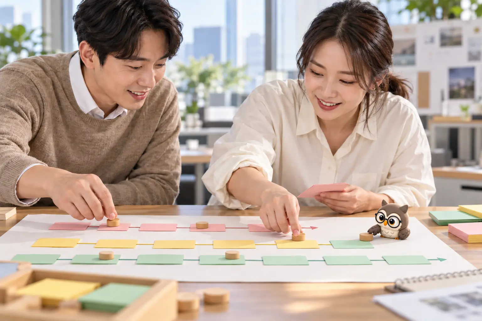 밝은 사무실에서 성인 두 명이 세 작업 경로가 놓인 일정표를 조정하고 작은 갈색 안경 LTCT 올빼미가 곁에서 경로 표식을 옮기는 장면