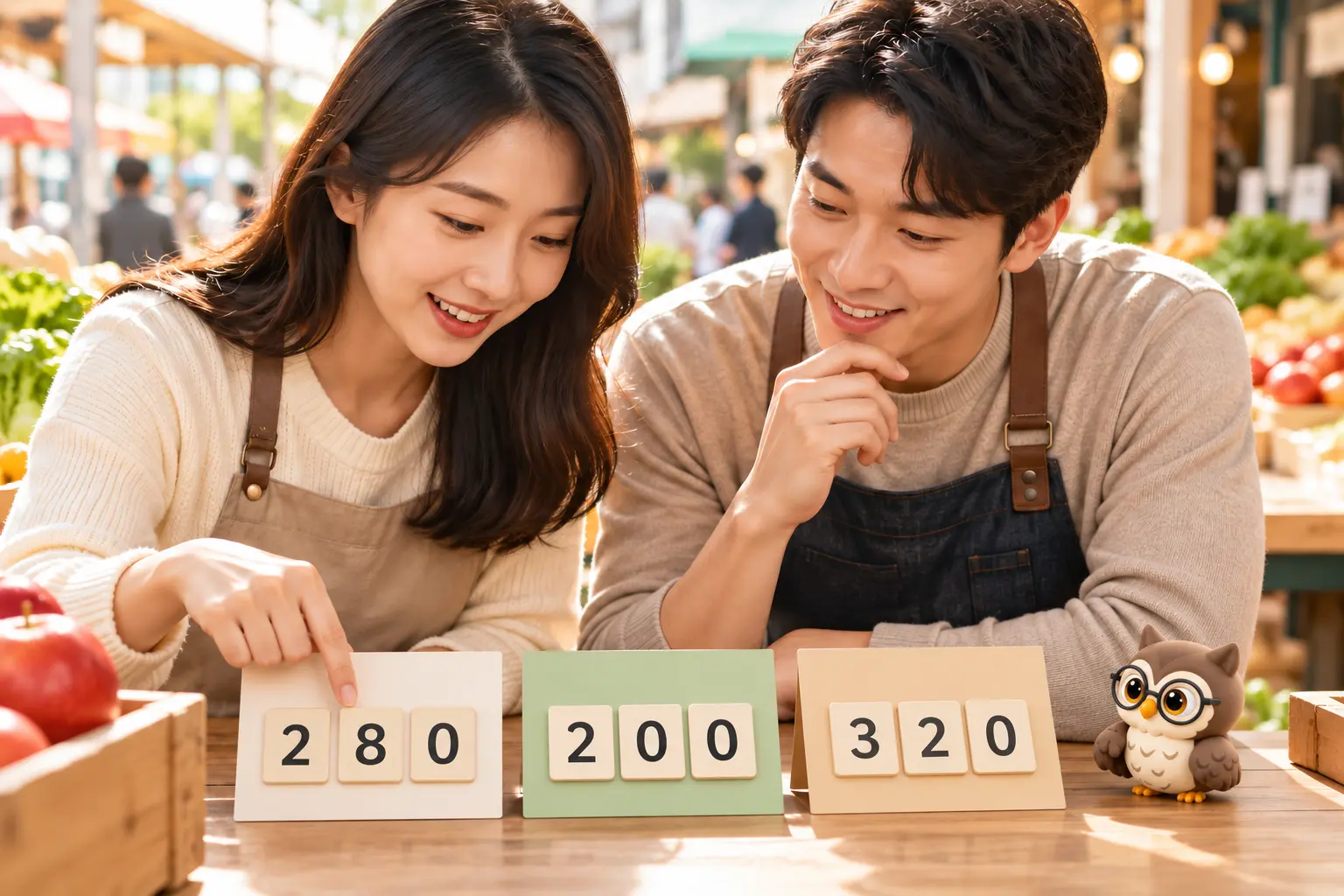 시장 좌판에서 성인 두 명이 연속 가격 카드를 비교하고 작은 공식 갈색 안경 올빼미가 곁에서 가격 카드를 옮기는 장면