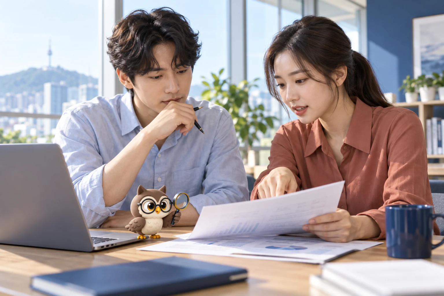 두 연구자가 화면과 원자료를 비교하고 작은 올빼미가 돋보기를 들고 함께 살피는 장면