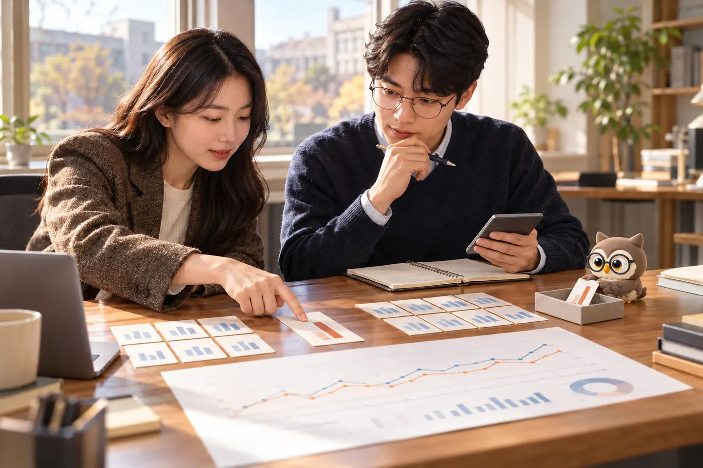 성인 분석가 두 명이 예측 오차 카드를 비교하고 작은 공식 갈색 안경 올빼미가 큰 오차 카드를 별도함으로 옮기는 장면