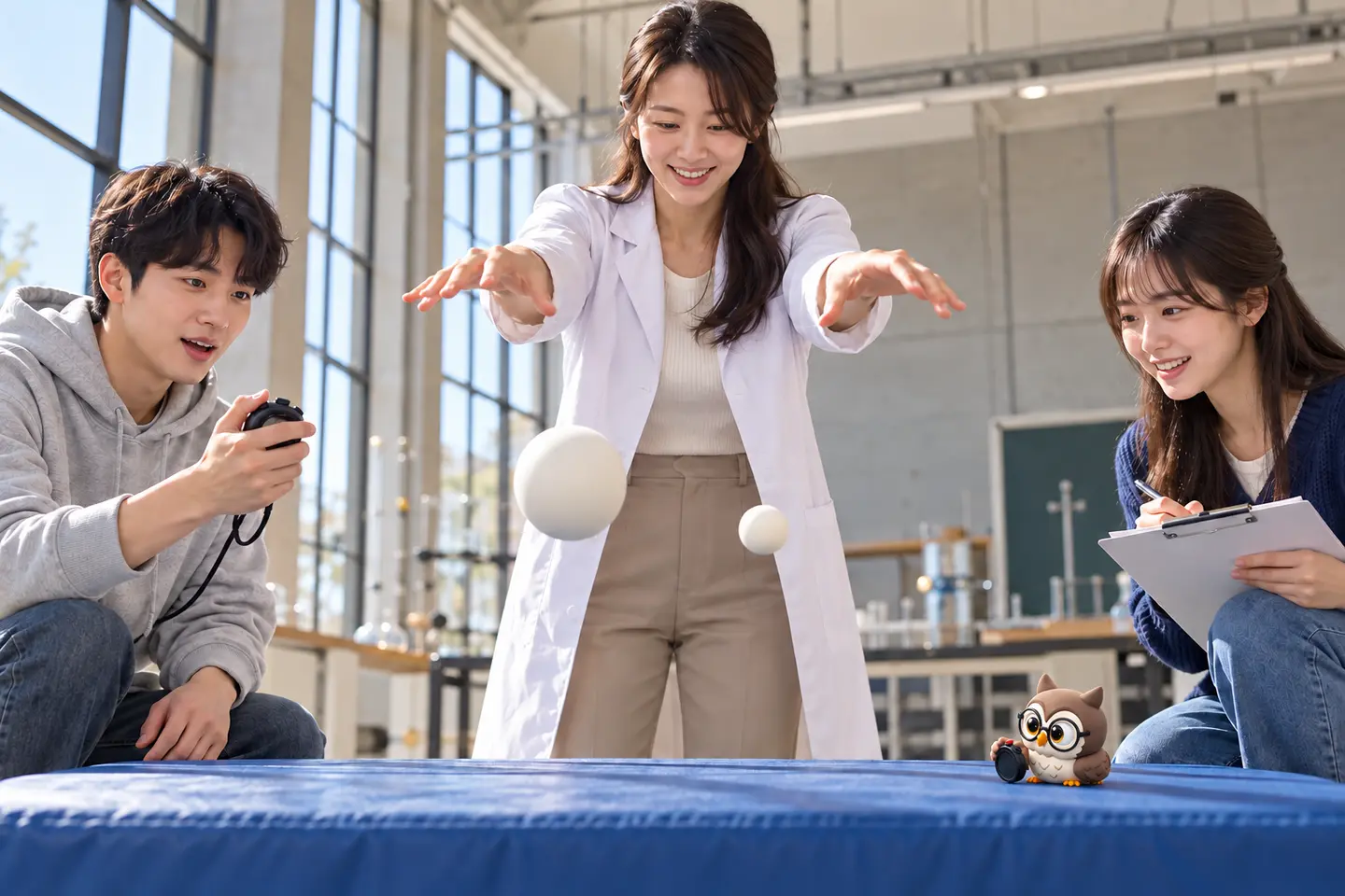 과학 스튜디오에서 성인 교사와 학습자 두 명이 크기가 다른 공 두 개의 낙하를 관찰하고 작은 공식 갈색 안경 올빼미가 매트 위에서 초시계를 누르는 장면