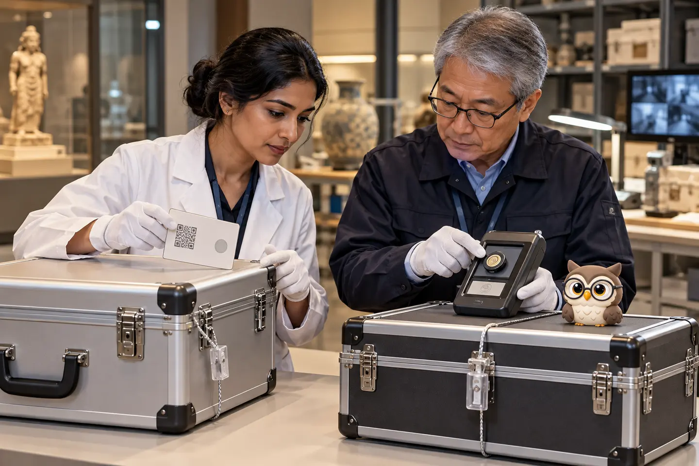 박물관 보존 보안실에서 성인 보존가와 보안 기술자가 공개 검사표가 붙은 운송 상자와 키 검증 장치를 비교하고 작은 공식 갈색 안경 올빼미가 장치 곁에 있는 장면