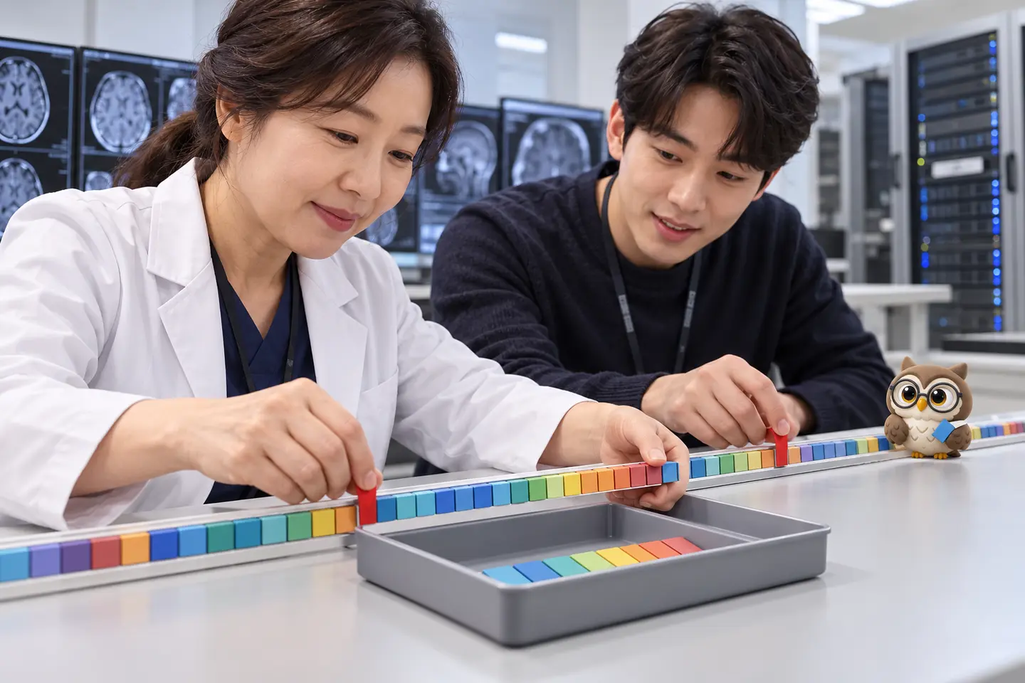병원 영상 자료실에서 성인 데이터 담당자 두 명이 색 블록으로 된 바이트 띠의 시작과 끝을 표시하고 작은 공식 갈색 안경 올빼미가 마지막 위치 옆에 있는 장면