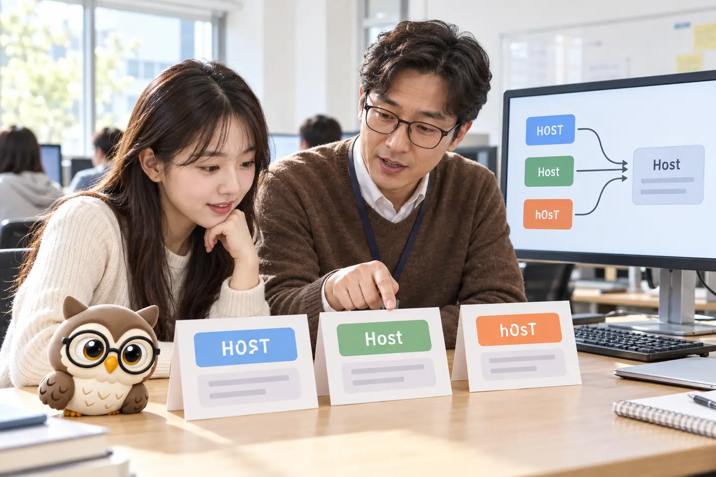 웹 실습실에서 성인 강사와 학습자가 Content-Type의 세 가지 대소문자 표기를 같은 헤더로 묶고 작은 공식 갈색 안경 올빼미가 비교 카드를 들고 있는 장면