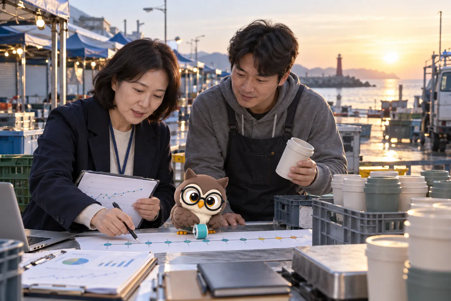 해안 야시장에서 여성 데이터 분석가와 남성 운영 관리자가 재사용 컵 기록을 비교하고 둥근 안경의 LTCT 올빼미 캐릭터가 기간 표식 위로 청록 계수기를 굴리는 장면