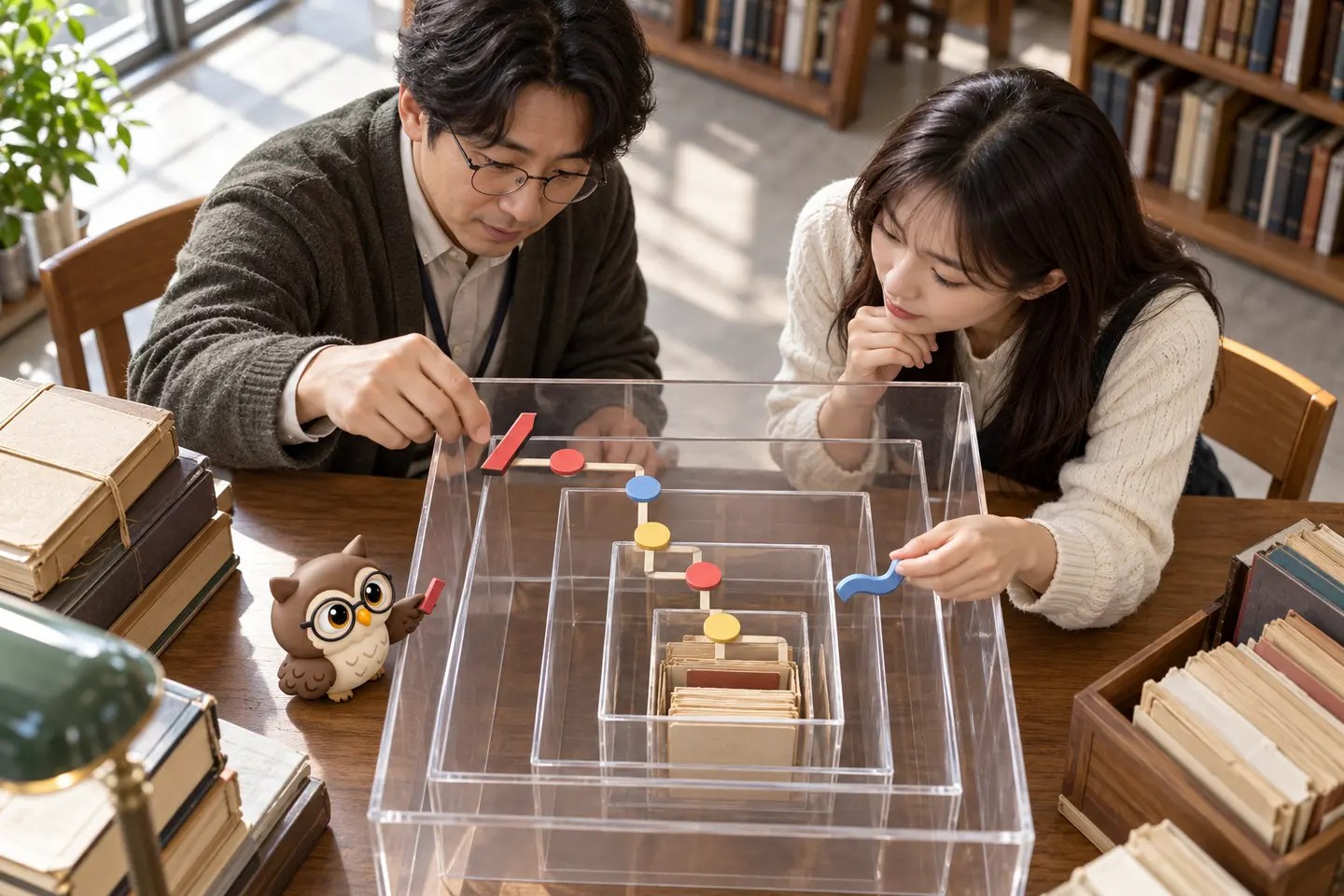 밝은 도서관 자료실에서 성인 기록 담당자 두 명이 중첩된 투명 상자와 경로 토큰을 연결하고 작은 공식 갈색 안경 올빼미가 토큰 옆에 있는 장면