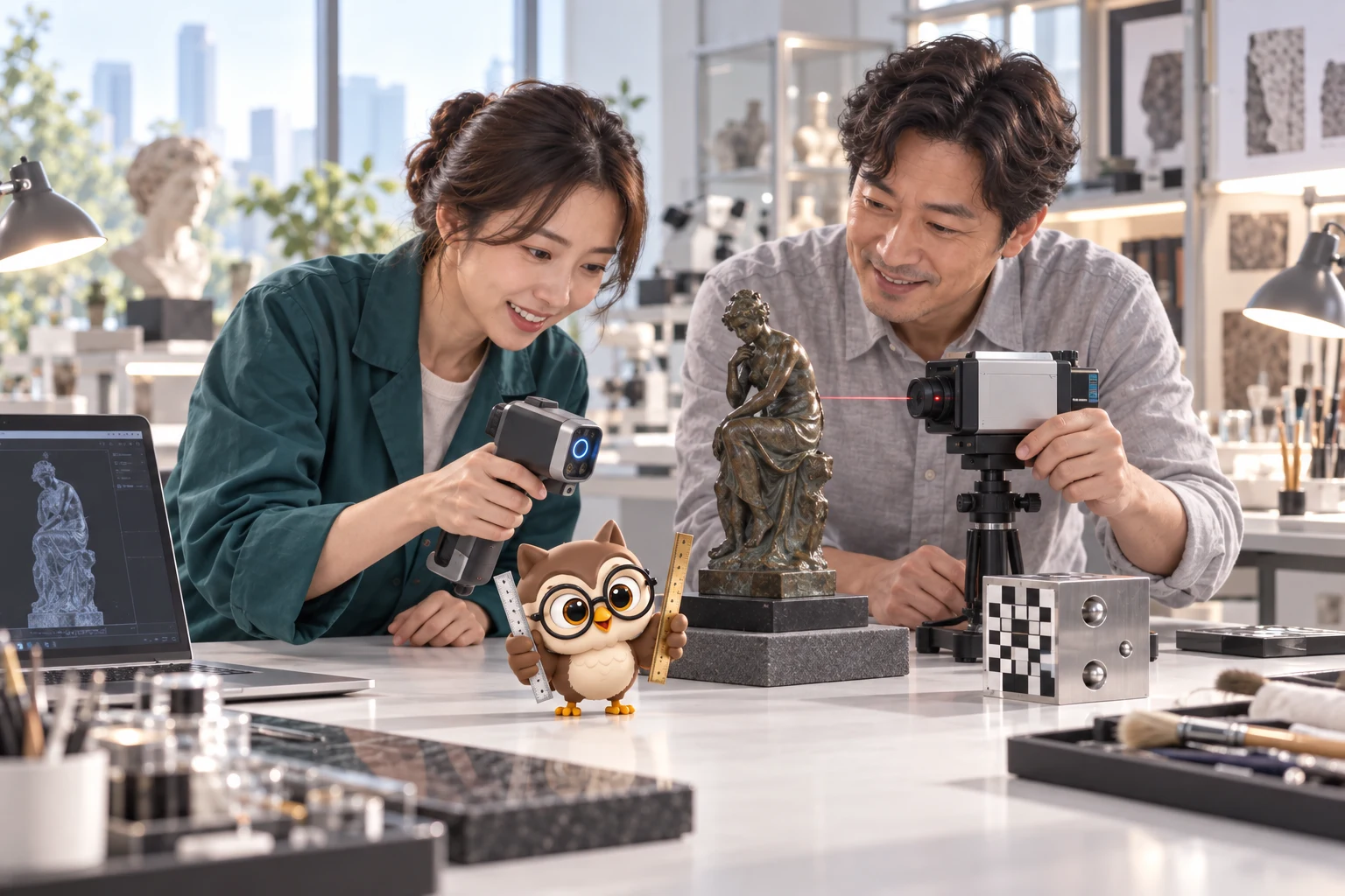 정밀 미술 보존 측정실에서 여성 보존가와 남성 측정 기술자가 청동 조각을 두 장비로 비교하고 둥근 안경을 쓴 LTCT 올빼미 캐릭터가 자 두 개를 나란히 드는 장면
