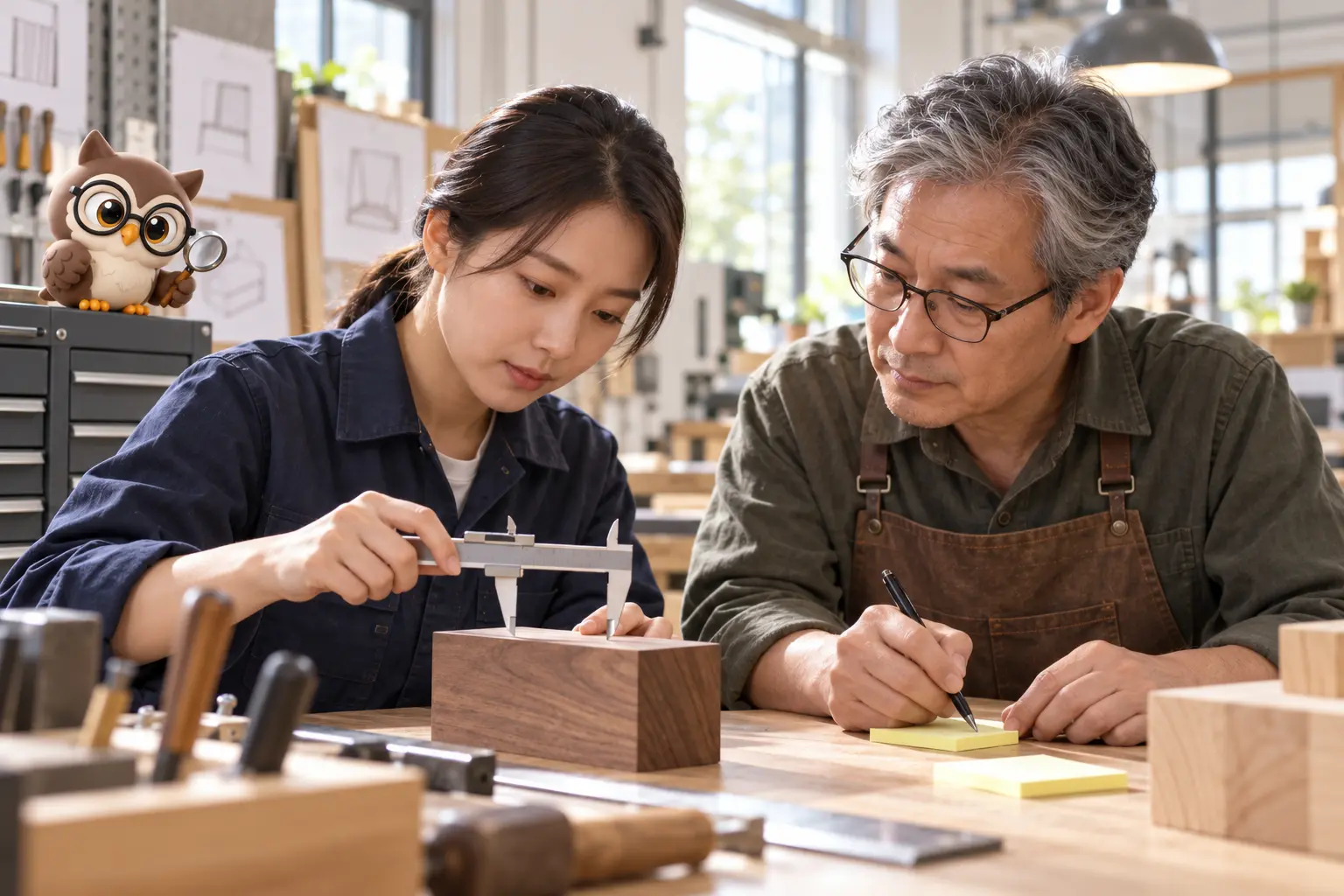 목공 작업실에서 젊은 여성 기술자와 장인이 나무 블록을 캘리퍼스로 반복 측정하고 LTCT 안경 올빼미가 돋보기를 든 장면