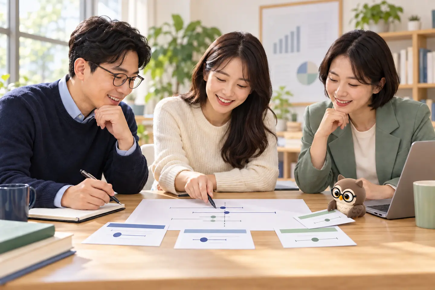 성인 연구자 세 명이 연구별 점과 구간을 그린 카드를 비교하고 작은 공식 갈색 안경 올빼미가 한 카드를 정렬하는 장면