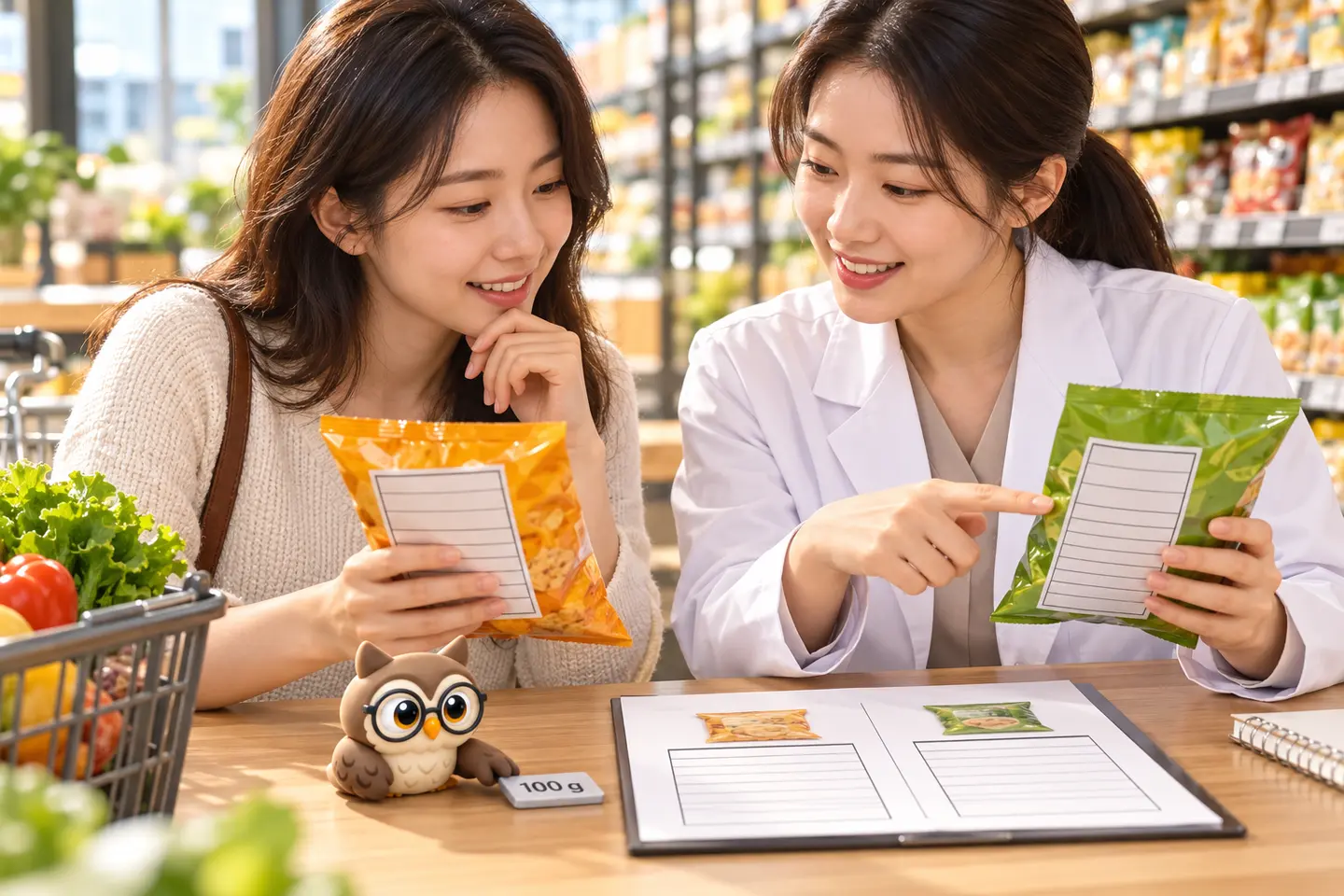 동네 마트 상담대에서 성인 영양사와 구매자가 두 식품의 제공량 표를 비교하고 작은 공식 갈색 안경 올빼미가 100그램 기준표를 함께 옮기는 장면