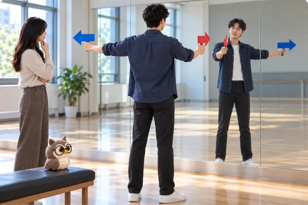 거울이 있는 연습실에서 성인 학습자 두 명이 서로 다른 색의 방향 화살표와 거울상을 비교하고 작은 공식 갈색 안경 올빼미가 낮은 의자 위에 있는 장면