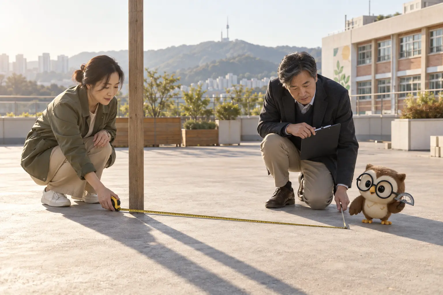 학교 옥상에서 성인 전문가 두 명이 수직 기둥의 긴 그림자를 재고 LTCT 안경 올빼미가 각도기를 든 장면