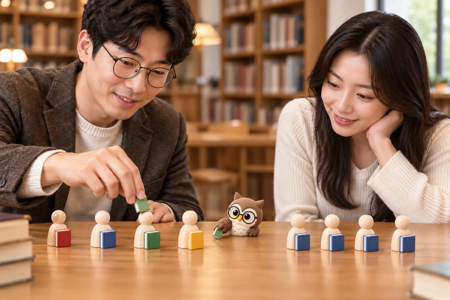 도서관에서 성인 두 명이 사람과 책 모형으로 모두와 일부의 관계를 비교하고 작은 갈색 안경 LTCT 올빼미가 곁에서 책 모형을 옮기는 장면