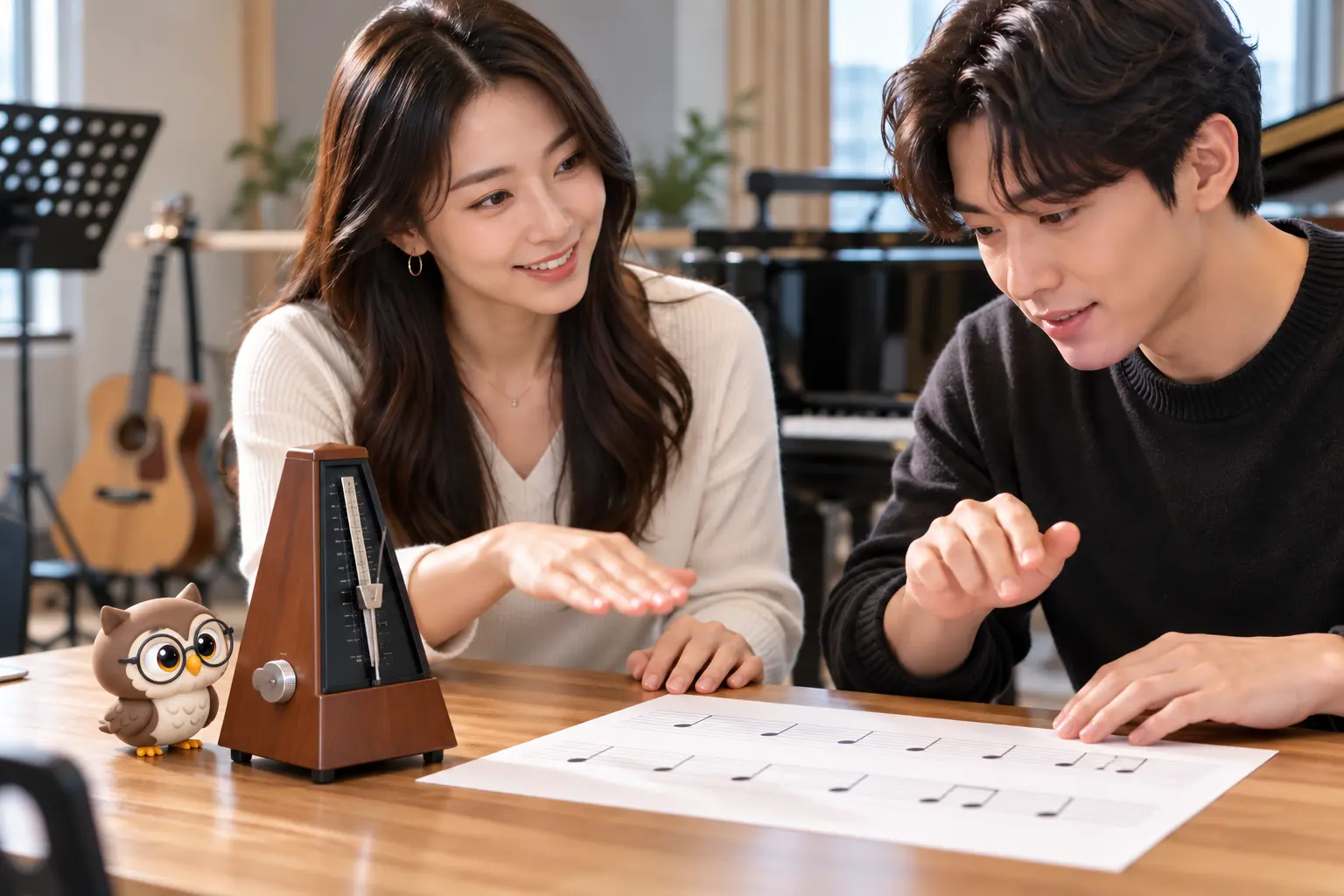 음악 연습실에서 성인 두 명이 메트로놈과 악보를 보며 박을 짚고 작은 공식 갈색 안경 올빼미가 곁에서 빠르기 조절에 참여하는 장면
