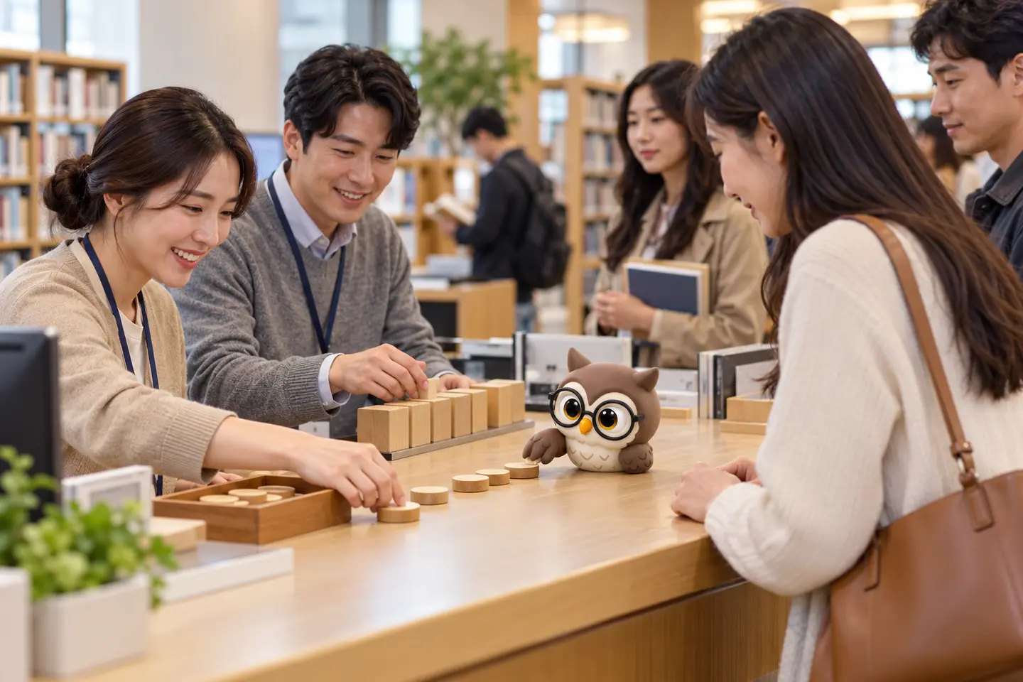 도서관 안내 데스크에서 성인 직원과 방문자들이 도착·처리 토큰을 배열하고 작은 공식 갈색 안경 올빼미가 대기 토큰을 앞으로 옮기는 장면