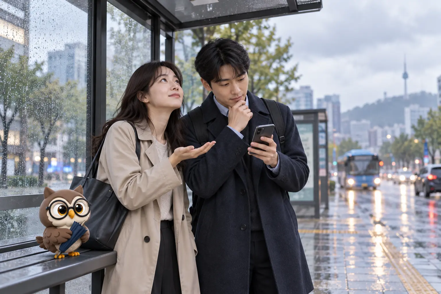 비 오는 도심 버스 정류장에서 한국인 성인 두 명이 예보 화면을 살피고 LTCT 안경 올빼미가 접힌 우산을 든 장면