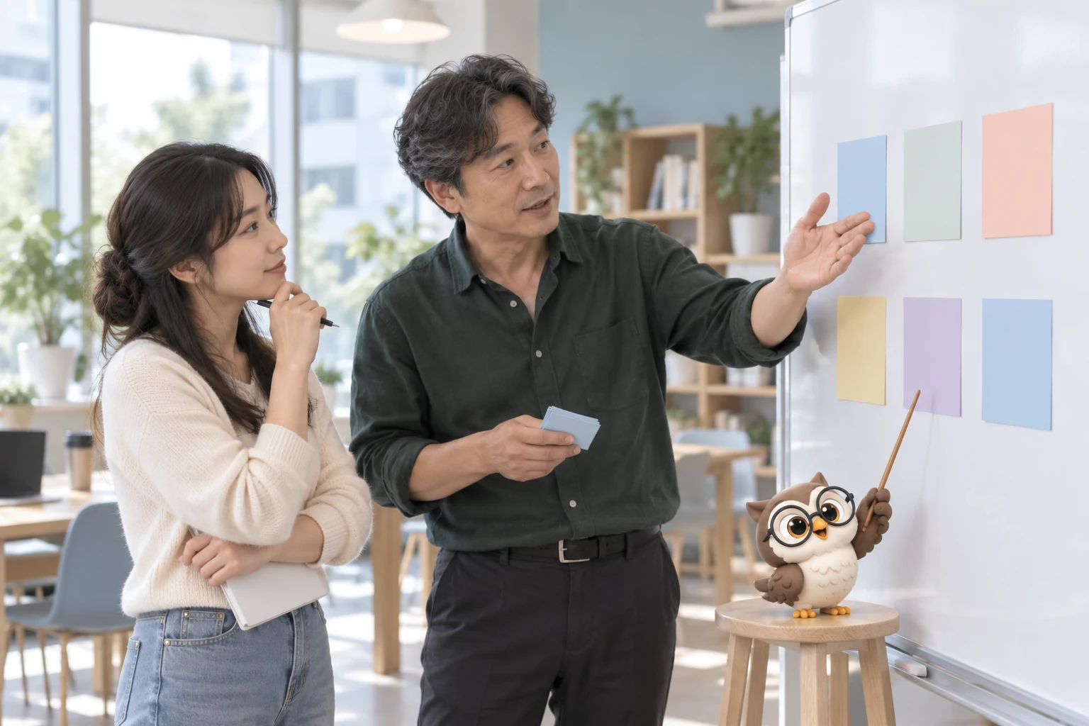강사와 성인 학습자가 설명 순서를 비교하고 작은 올빼미가 지시봉을 드는 장면