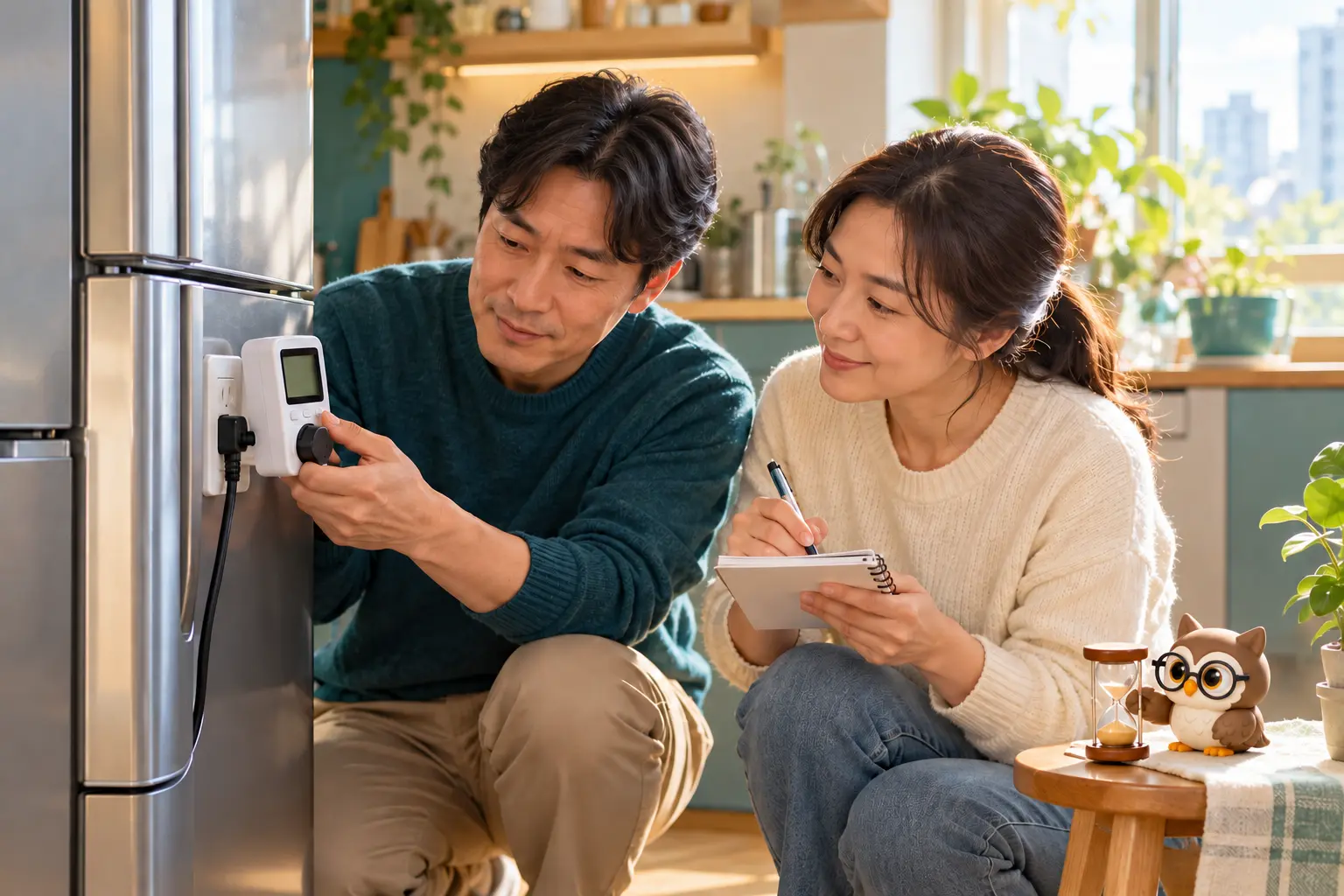 두 사람이 냉장고 옆의 전력계를 살펴보는 그림. 곁에 갈색 안경을 쓴 작은 올빼미가 있습니다.