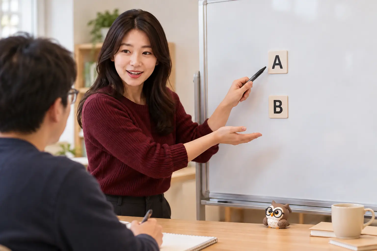 교육 공간에서 성인 여성이 두 줄에 나뉜 A와 B 카드를 가리키며 성인 학습자에게 설명하고 작은 공식 올리가 탁자에서 바라보는 장면