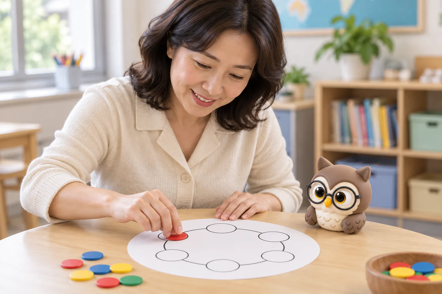 원형 활동판에서 색깔 말을 옮기는 여성과 활동을 바라보는 작은 공식 올리