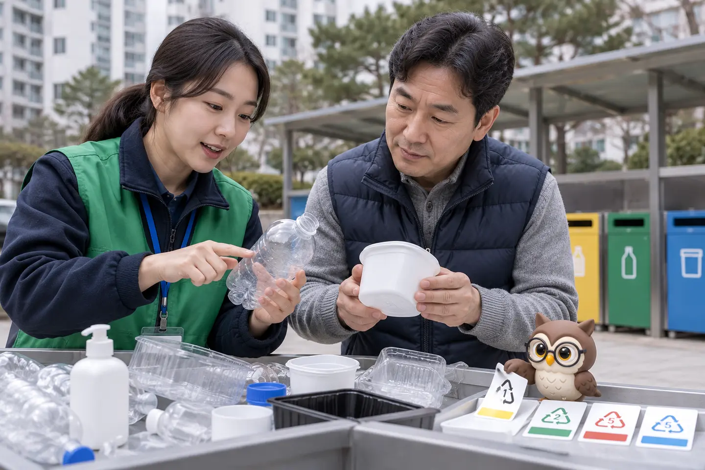 아파트 재활용장 앞에서 성인 관리 담당자와 주민이 깨끗한 플라스틱 용기를 살피고 작은 공식 갈색 안경 올빼미가 수지 번호 카드를 뒤집는 장면