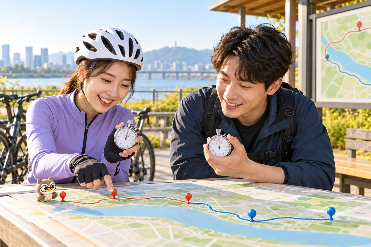 한강변 쉼터에서 성인 자전거 이용자 두 명이 왕복 경로와 초시계를 비교하고 작은 공식 갈색 안경 올빼미가 지도 표식을 옮기는 장면