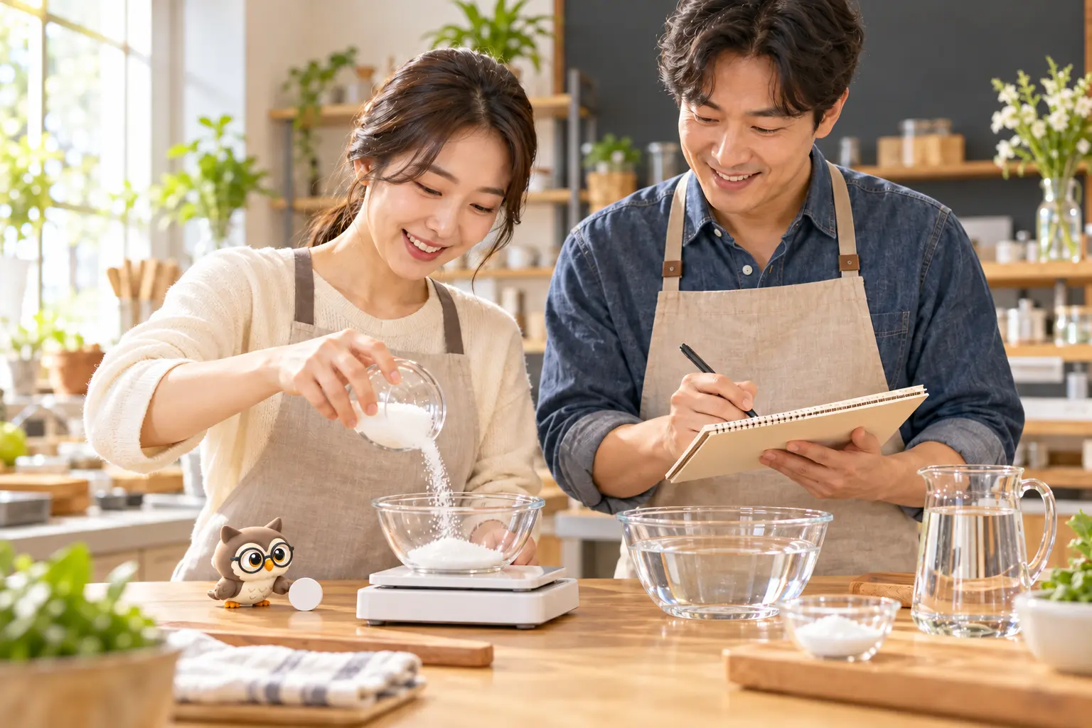 과학 교실에서 성인 학습자가 저울로 소금과 물을 재고 작은 갈색 안경 LTCT 올빼미가 곁에서 계량 스푼을 살피는 장면