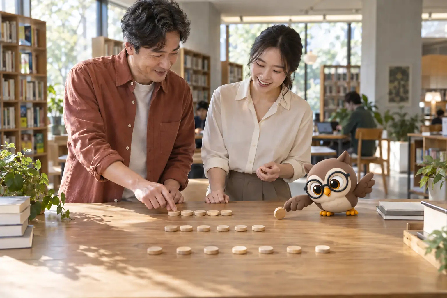 밝은 도서관에서 두 성인이 나무 토큰의 서로 다른 퍼짐을 살펴보고 둥근 안경을 쓴 LTCT 올빼미 캐릭터가 토큰을 굴리는 장면