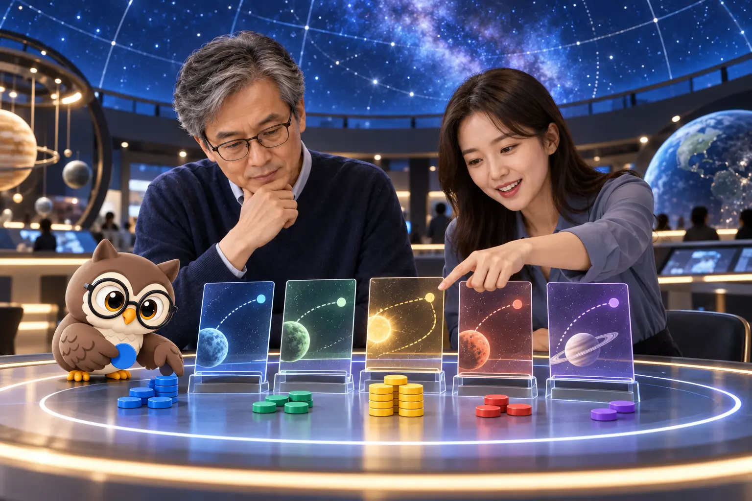 천문관 임무 계획실에서 남성 분석가와 여성 데이터 분석가가 다섯 선택 카드를 비교하고 둥근 안경을 쓴 LTCT 올빼미 캐릭터가 색 토큰을 묶는 장면