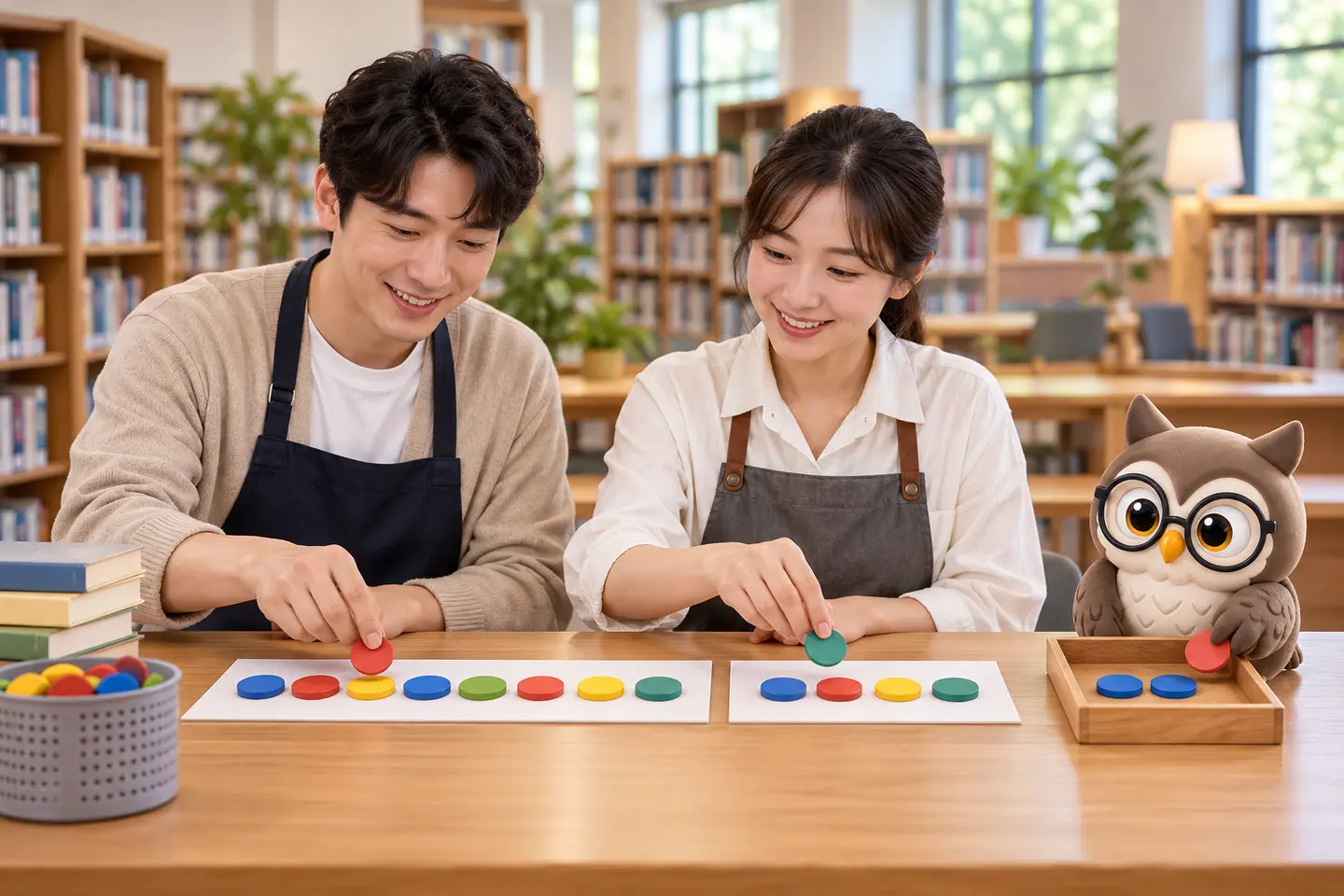 도서관 분류 작업대에서 성인 사서 두 명이 중복된 도시 카드와 고유 카드 묶음을 비교하고 작은 공식 갈색 안경 올빼미가 반복 카드를 옮기는 장면